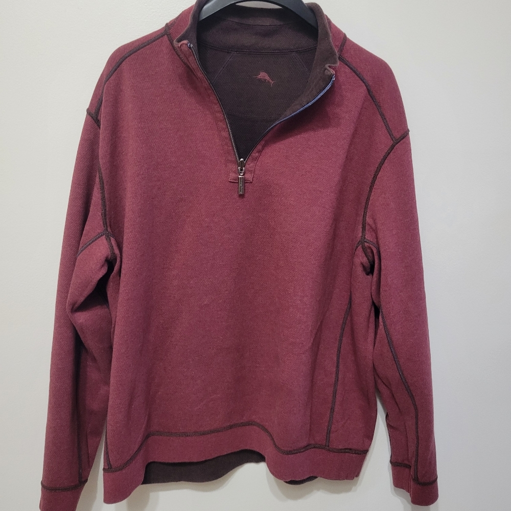 Tommy Bahama Men's XL Reversible Long Sleeve 1/4 Zip Cotton Pullover Brown & Red